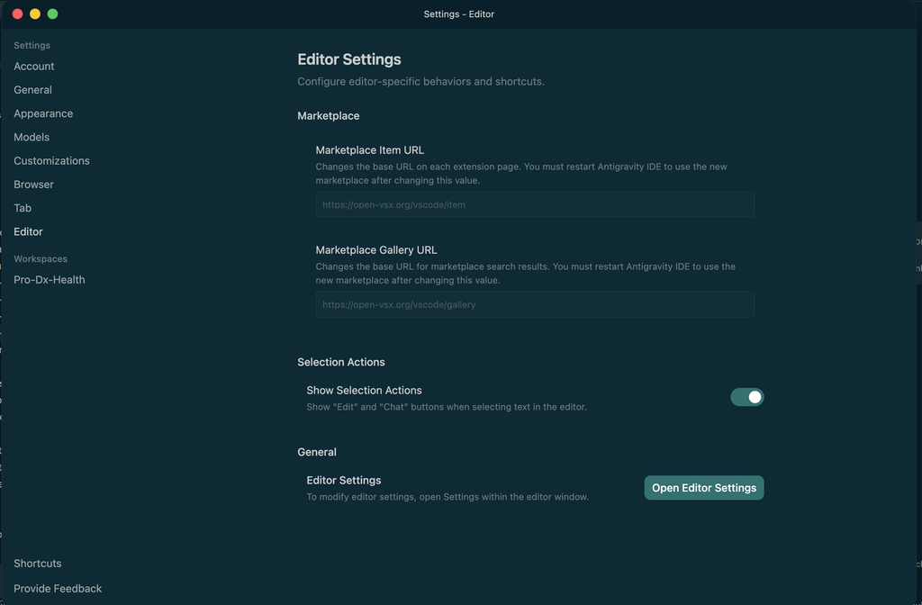 Open the Editor settings in Google Antigravity IDE.