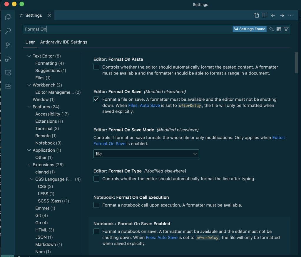 Search for Format On Save to locate the automatic formatting option